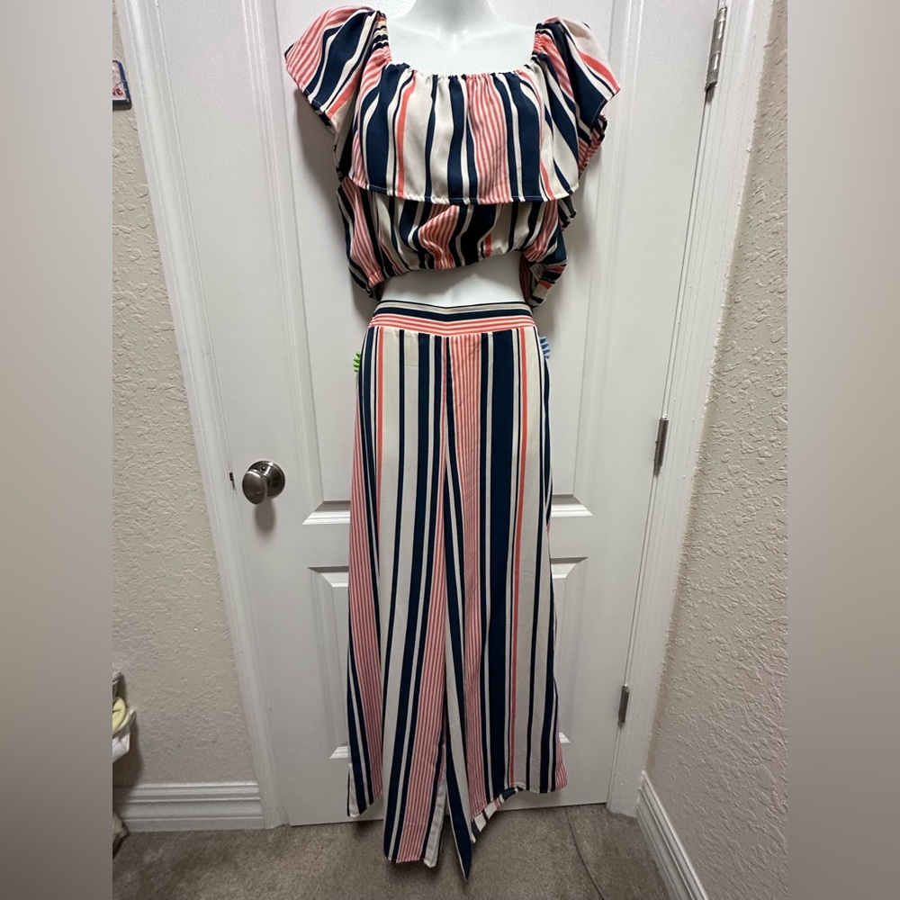 Crop ruffle top and flair pant set